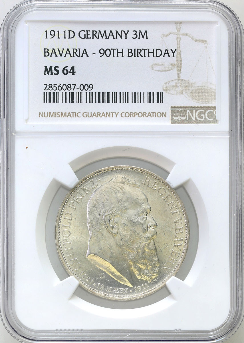 Niemcy, Bawaria. 3 marki 1911 D, Monachium NGC MS64